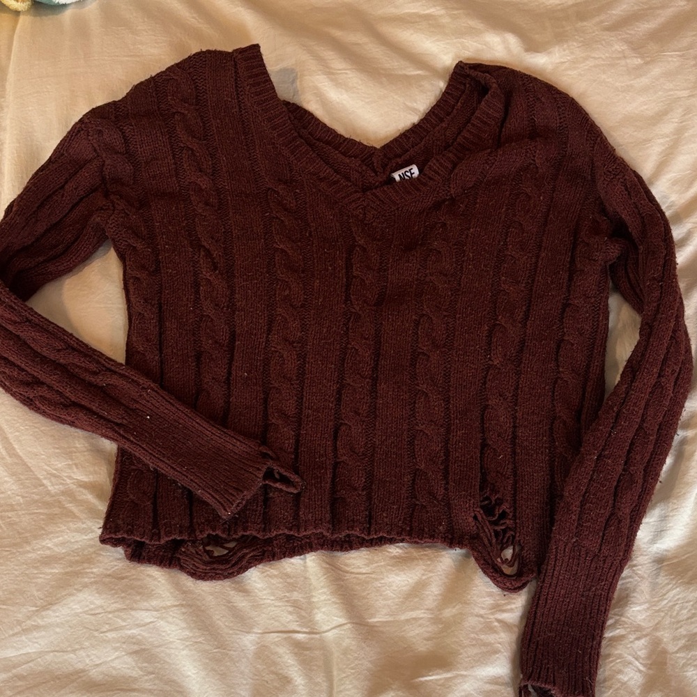 NSF Women's V-Neck Cable Knit Sweater - Dark Red